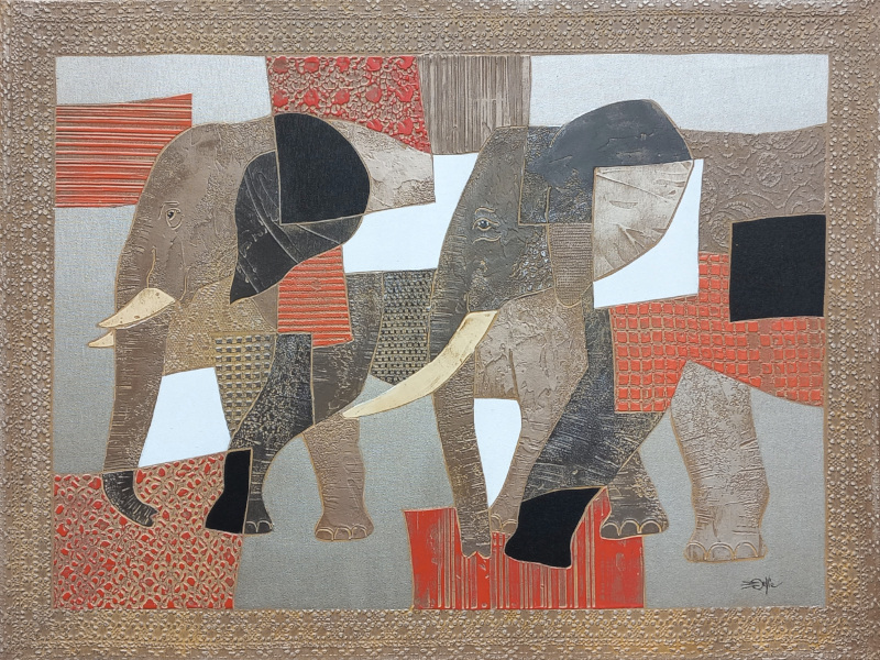  80x60cm ELEPHANTS. Aspect fer et rouge